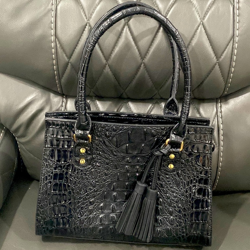 Designer inspired Black crocodile pattern purse with gold accent